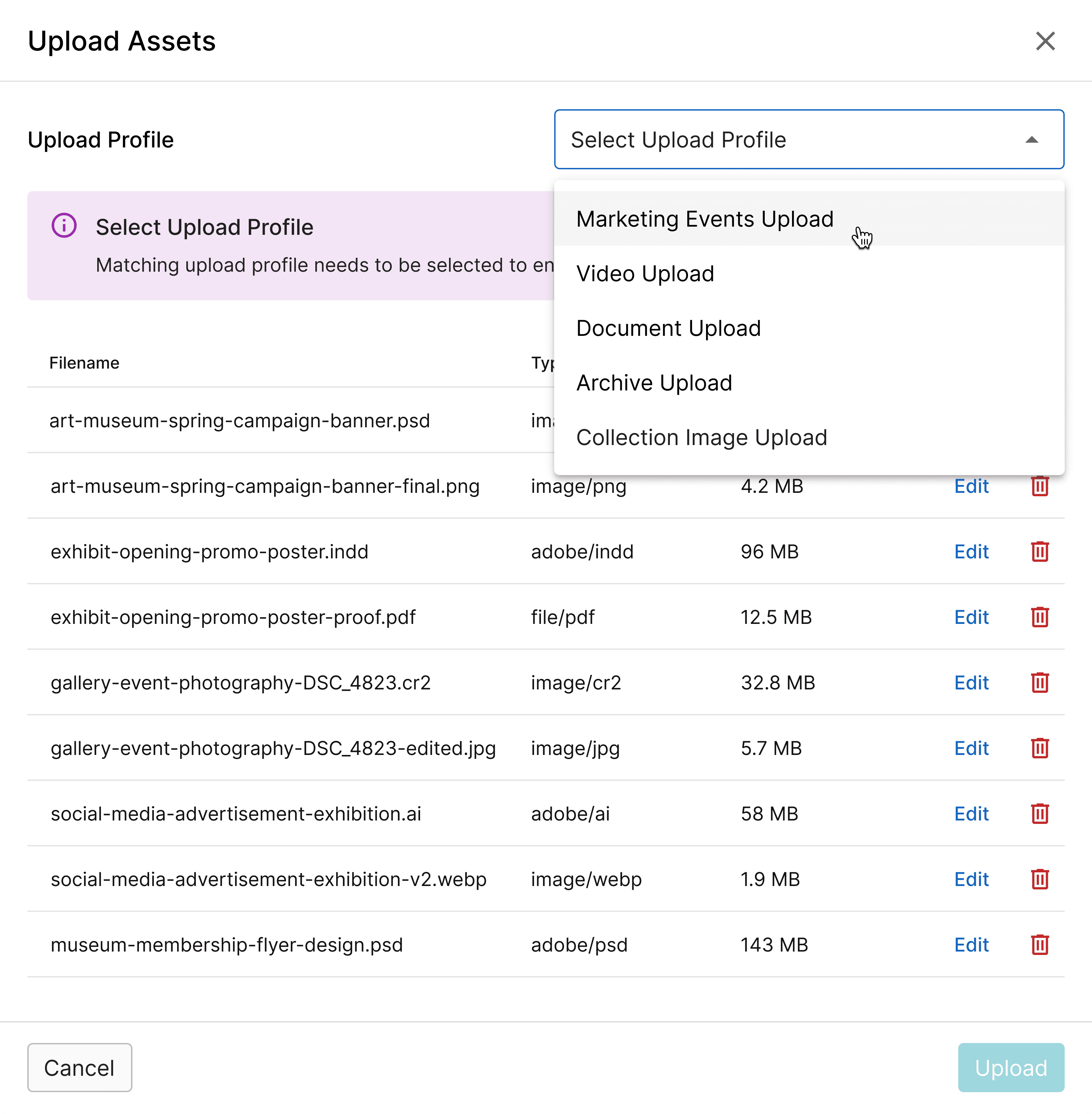 Upload Assets page from Terentia digital asset management solution