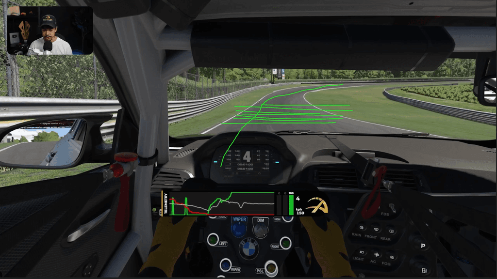 Sim racing coach helping a student identify driving habits and weak points