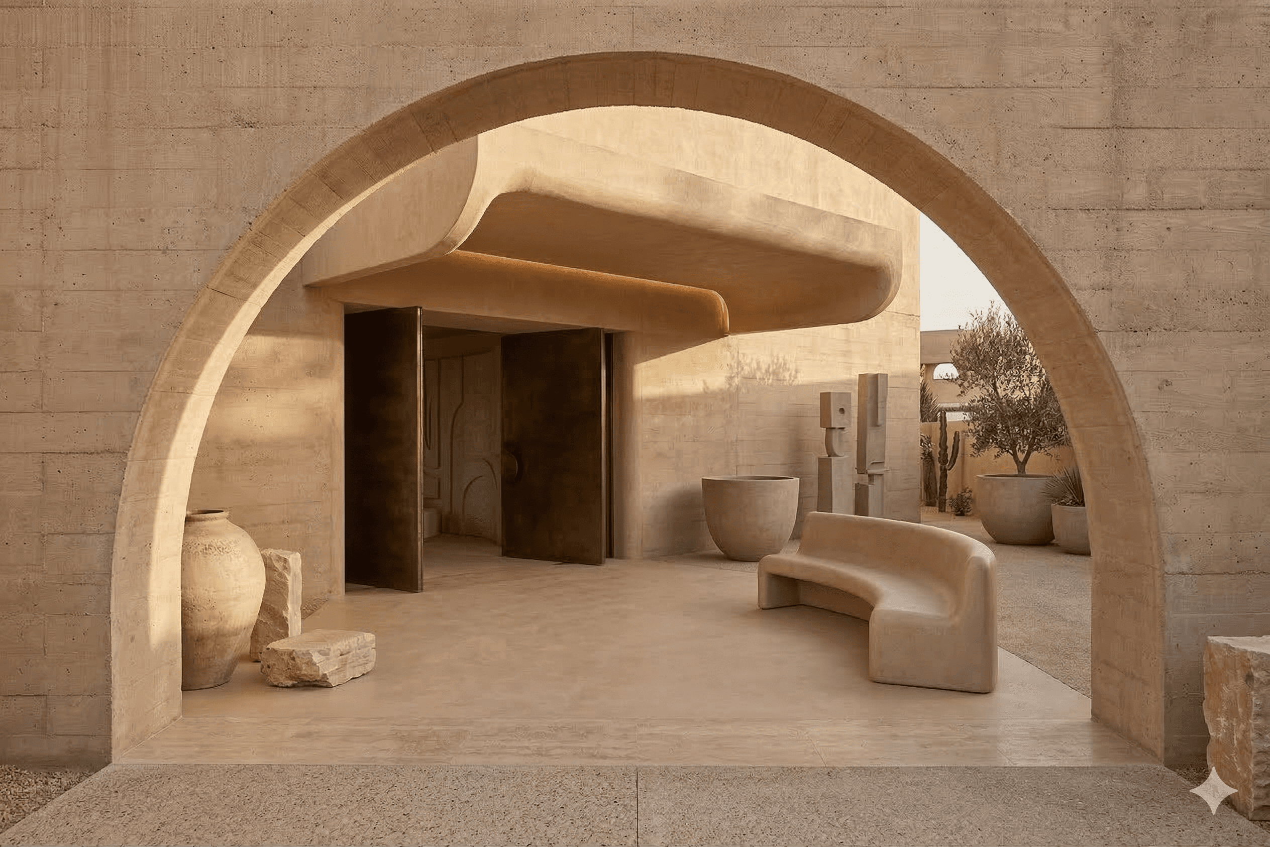 Sculptural interior with curved textured walls, smooth wooden panels, and warm ambient lighting.