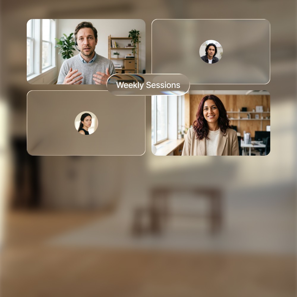 A virtual meeting interface displaying four participants in separate video frames, with a clear focus on a "Weekly Sessions" label in the center against a blurred professional office background, highlighting remote work collaboration.