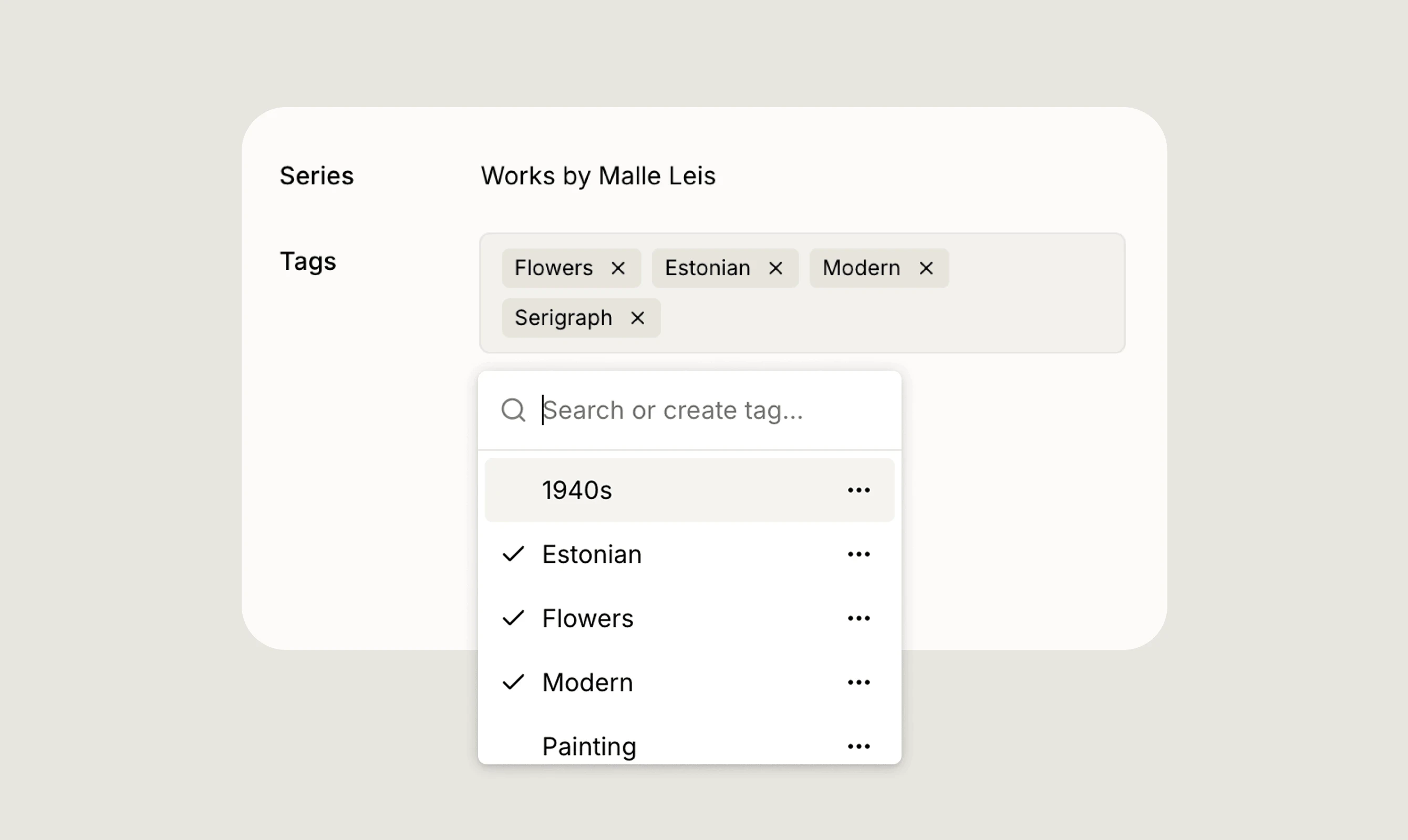 App interface of assigning series and tags in artwork inventory management