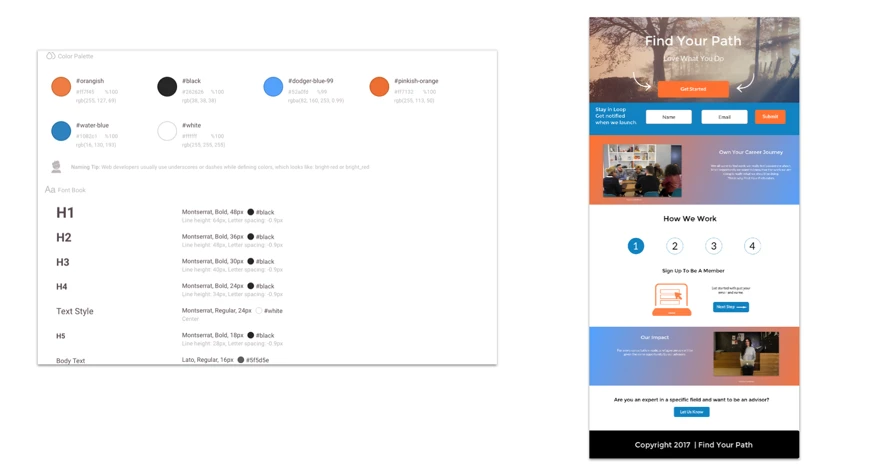 Web design style guide with color palette and font details.