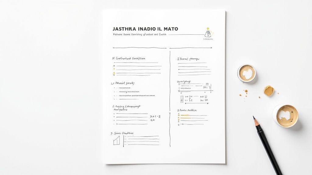 A minimalist flat lay of a handwritten business sketch document with coffee cups and a pencil.