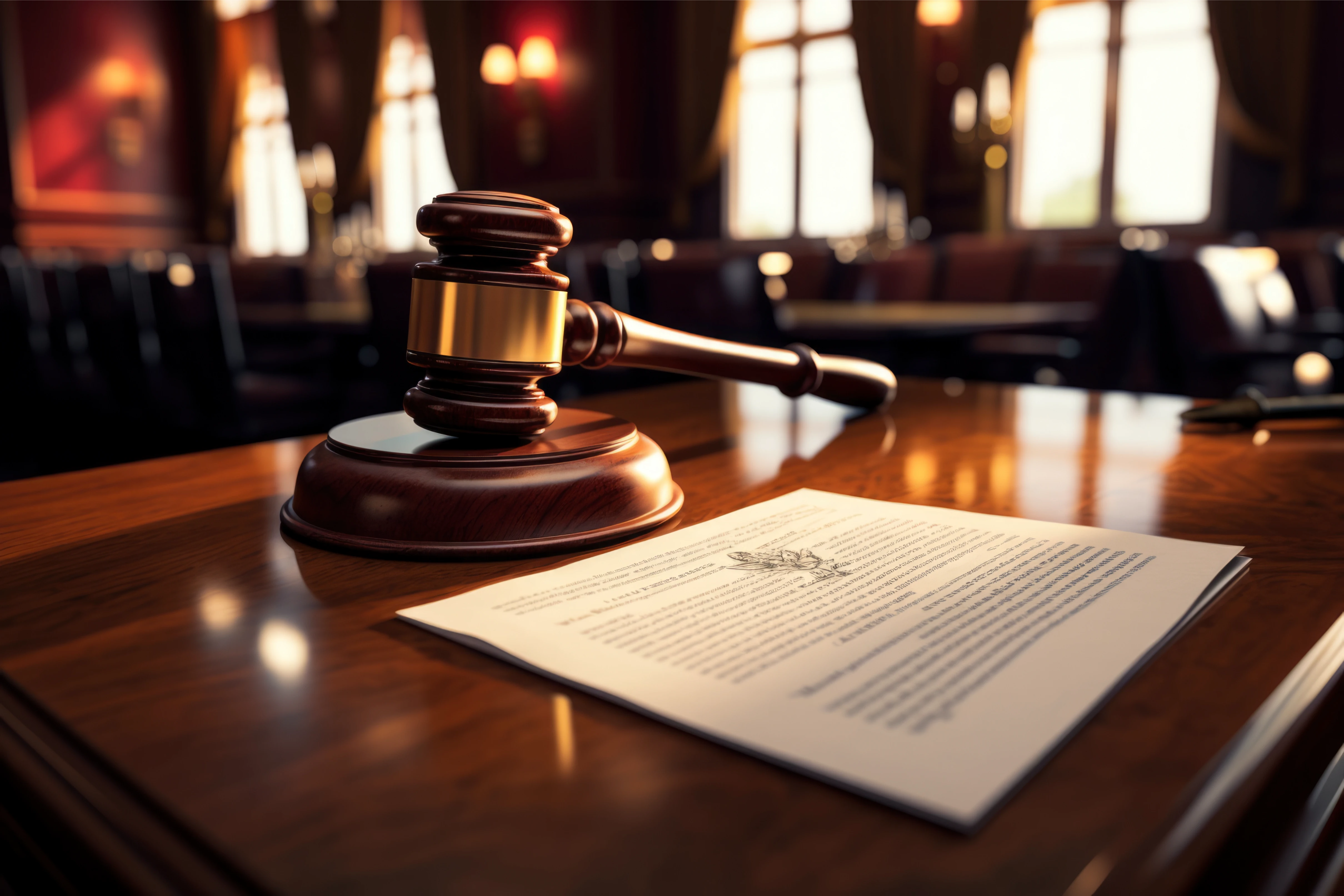 A wooden gavel rests on a polished courtroom desk beside a legal document, symbolizing judgment and authority in a traditional courtroom setting.