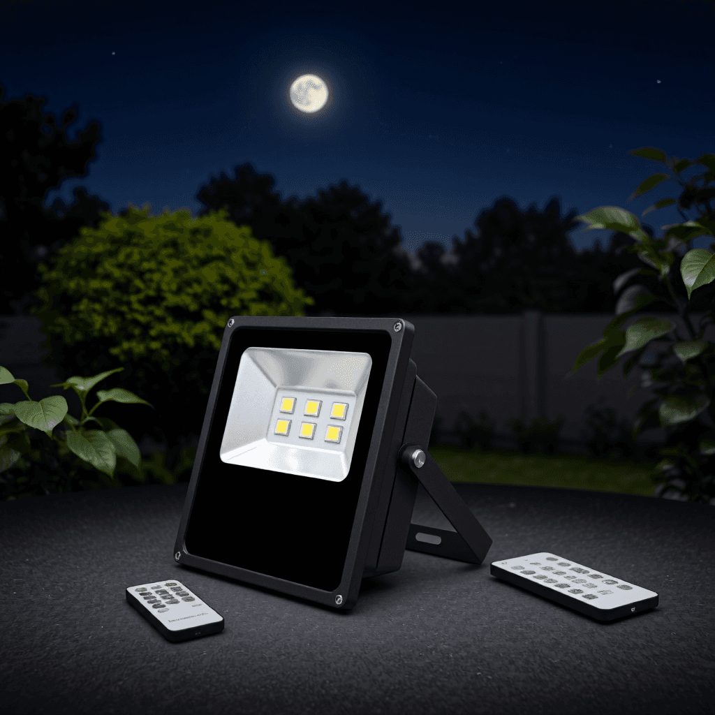 product photography of a solar-powered LED floodlight with remote control