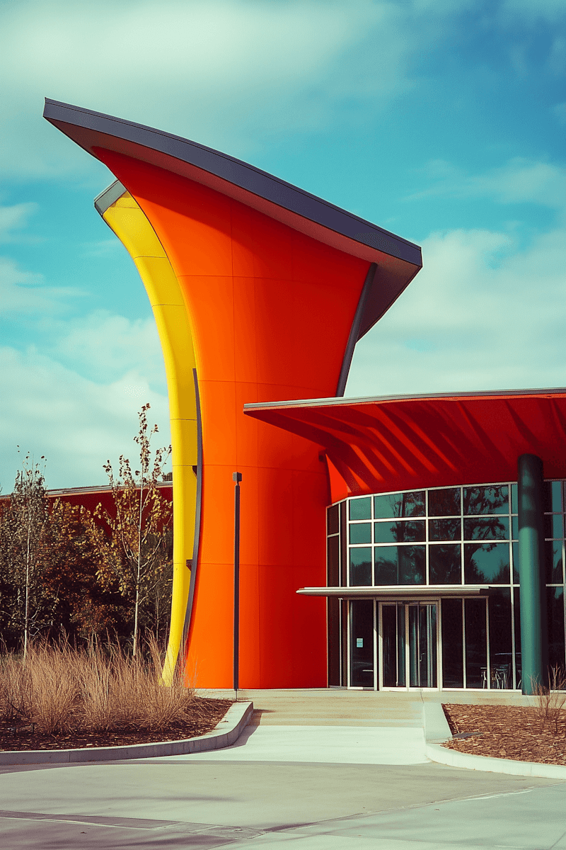 Striking sculptural building with a dramatic curved orange and yellow facade — bold contemporary architecture as a statement of modern design