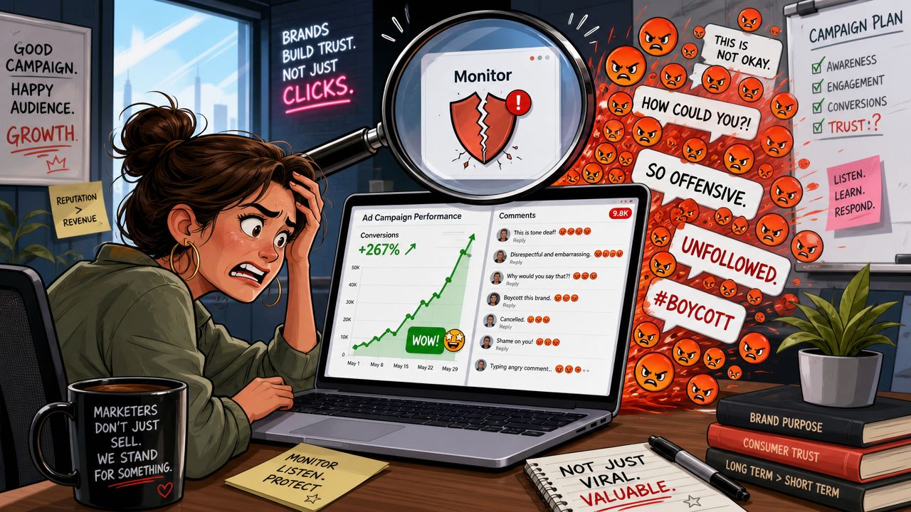 A distressed woman looking at her laptop screen showing high conversions but negative social media backlash.
