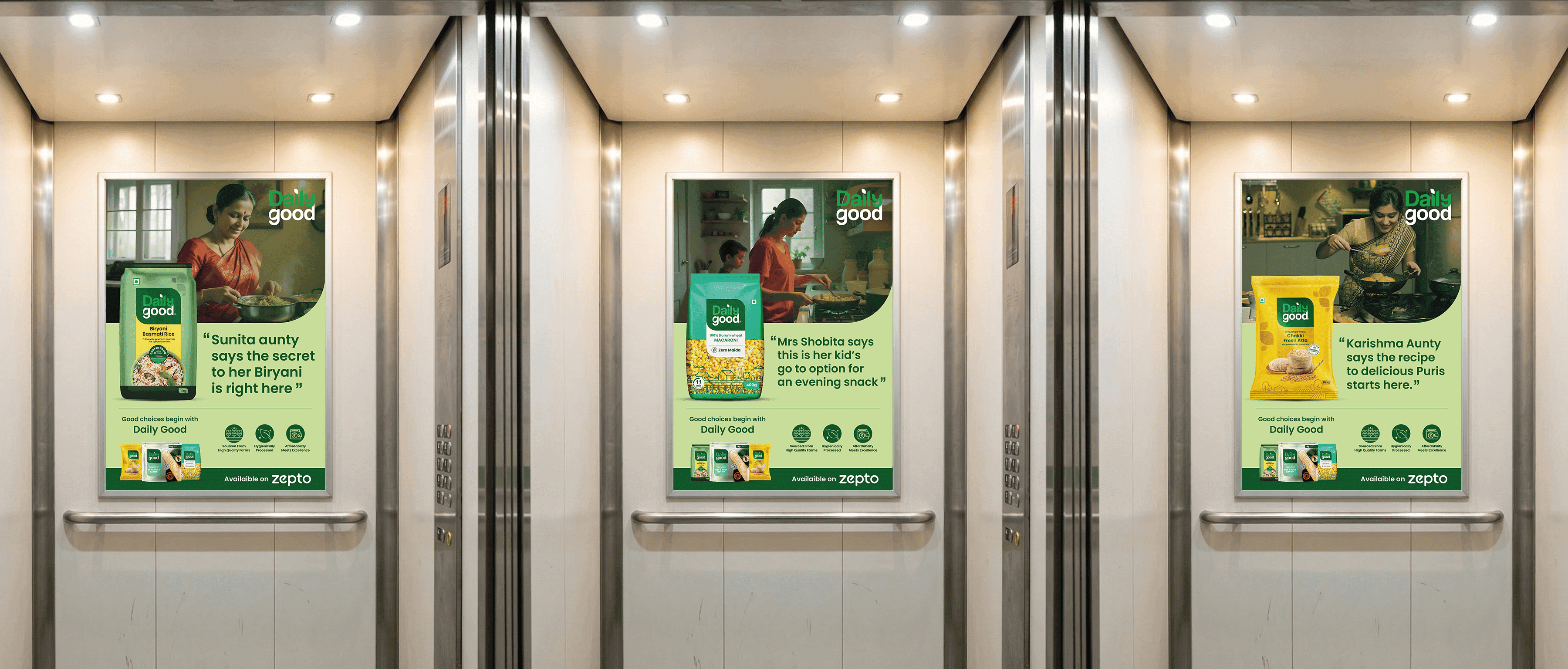 Every society has that one aunty whose dish everyone knows. Three posters, three aunties, three signature dishes — each one letting the building in on her secret ingredient: Daily Good.
