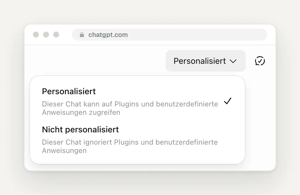 Umschalter Personalisiert und Nicht personalisiert im temporären Chat