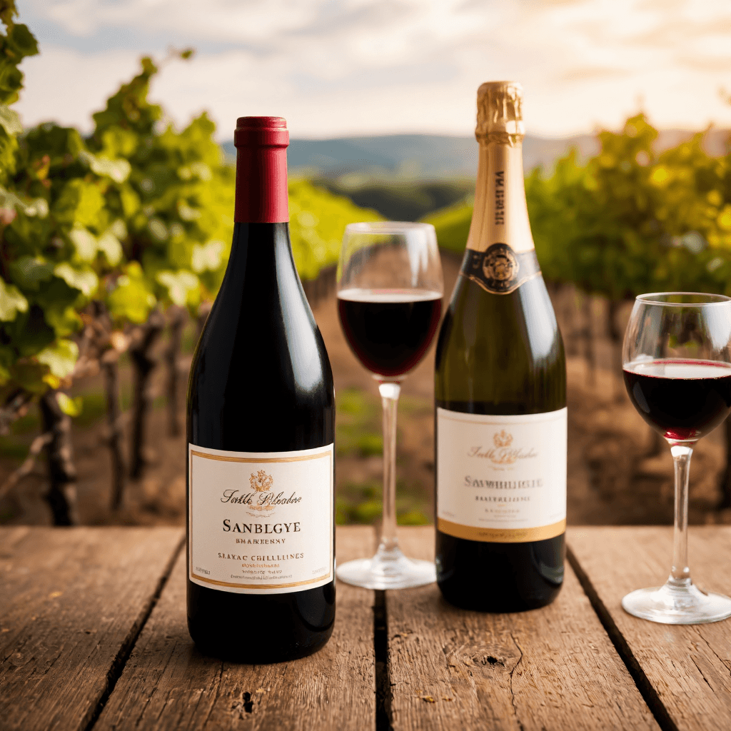 product photography of two bottles of wine (red wine and sparkling wine)