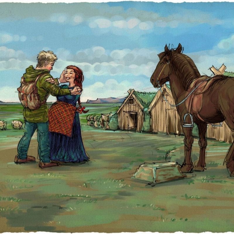 Illustration of an Icelandic farmer saying goodbye to his wife beside turf houses, with a saddled horse waiting nearby.