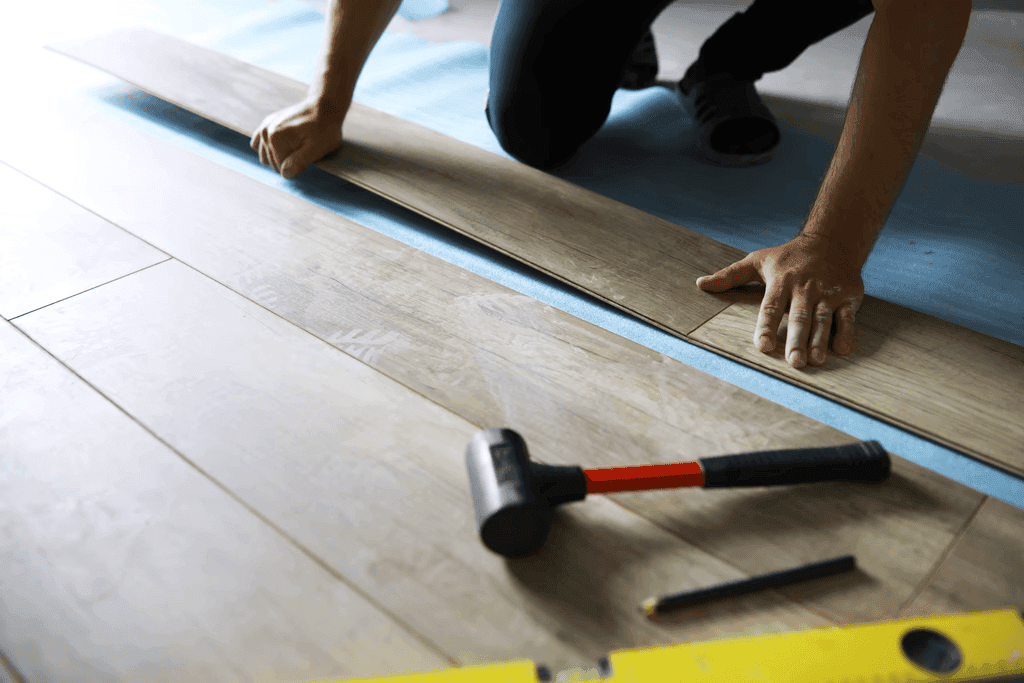 A professional installer carefully positions LUXO’s hybrid flooring planks over the underlay, demonstrating the precision, stability, and easy click-lock installation system. The realistic wood texture and sturdy build reflect LUXO’s commitment to durable, high-performance flooring designed for Australian homes.