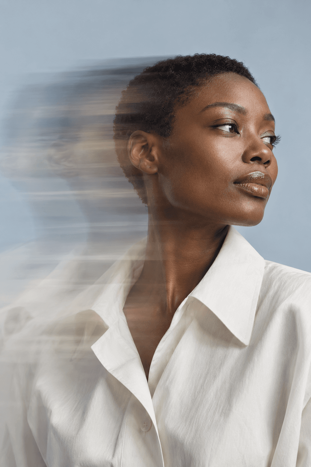 AI-generated editorial portrait with blue studio lighting and motion blur