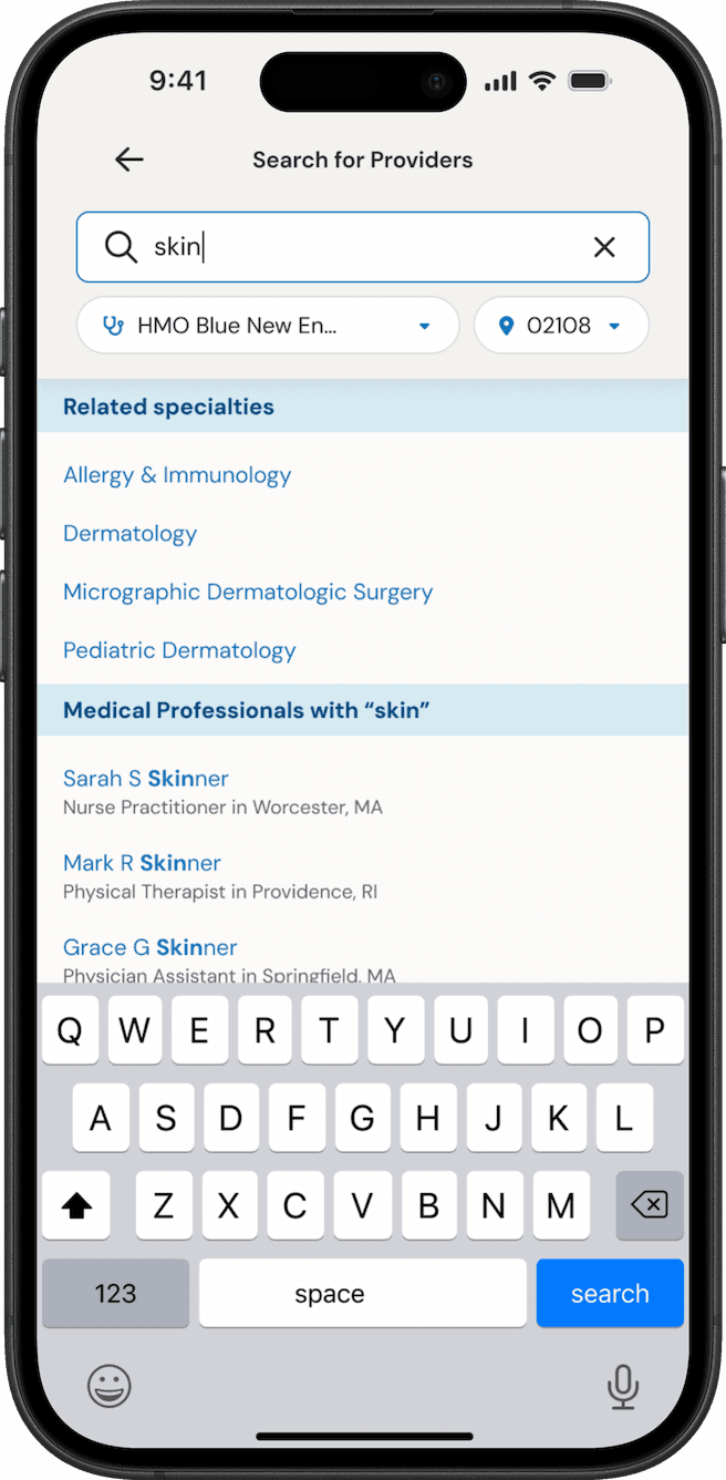 Provider search for “skin” suggesting related specialties and matching providers as the member types