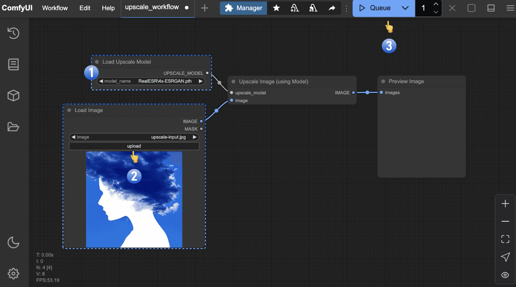 ComfyUI image upscaling workflow connecting an input image to an upscale model and output node.