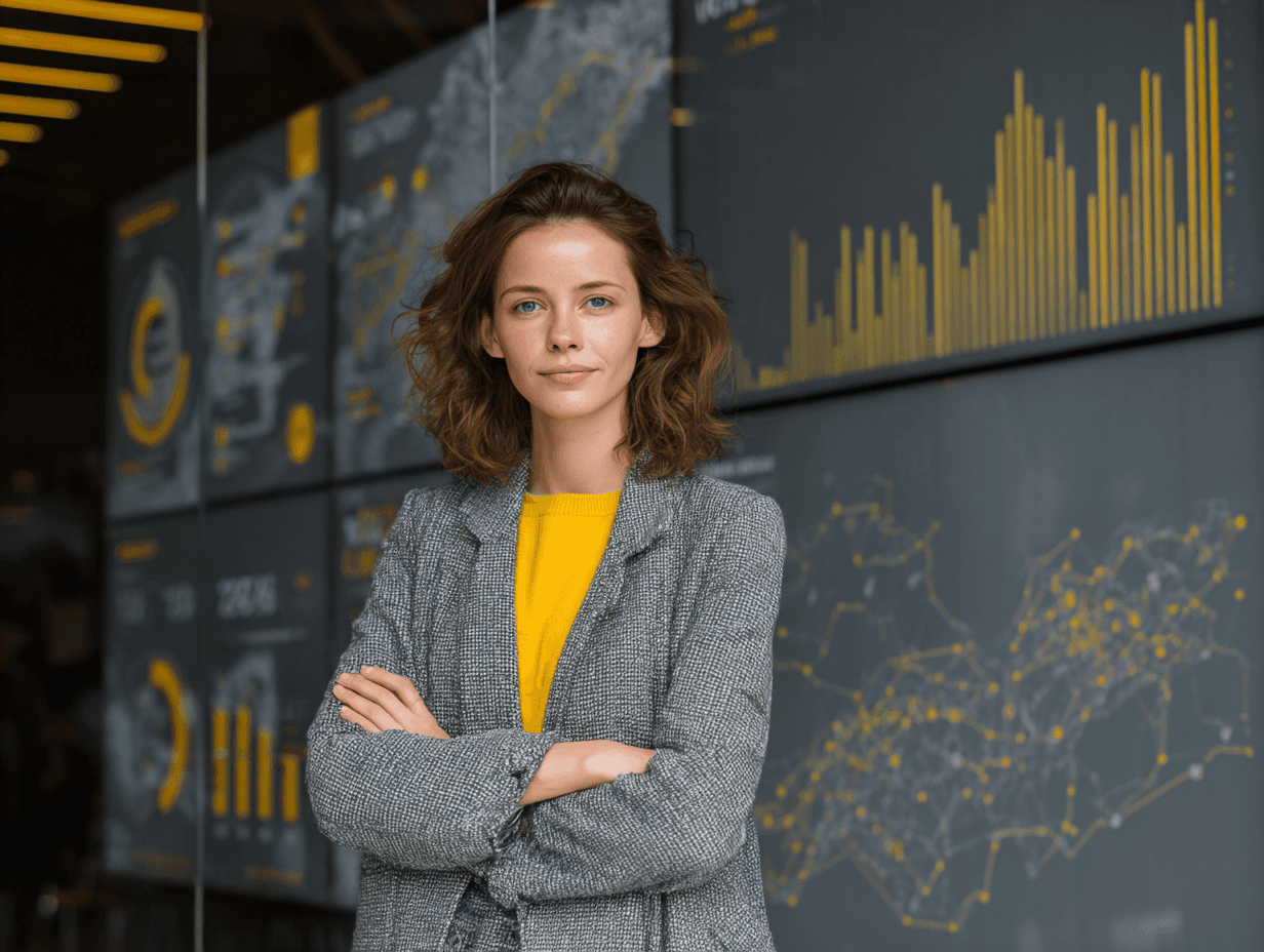 Corporate man standing infront of PowerBI Dashboards