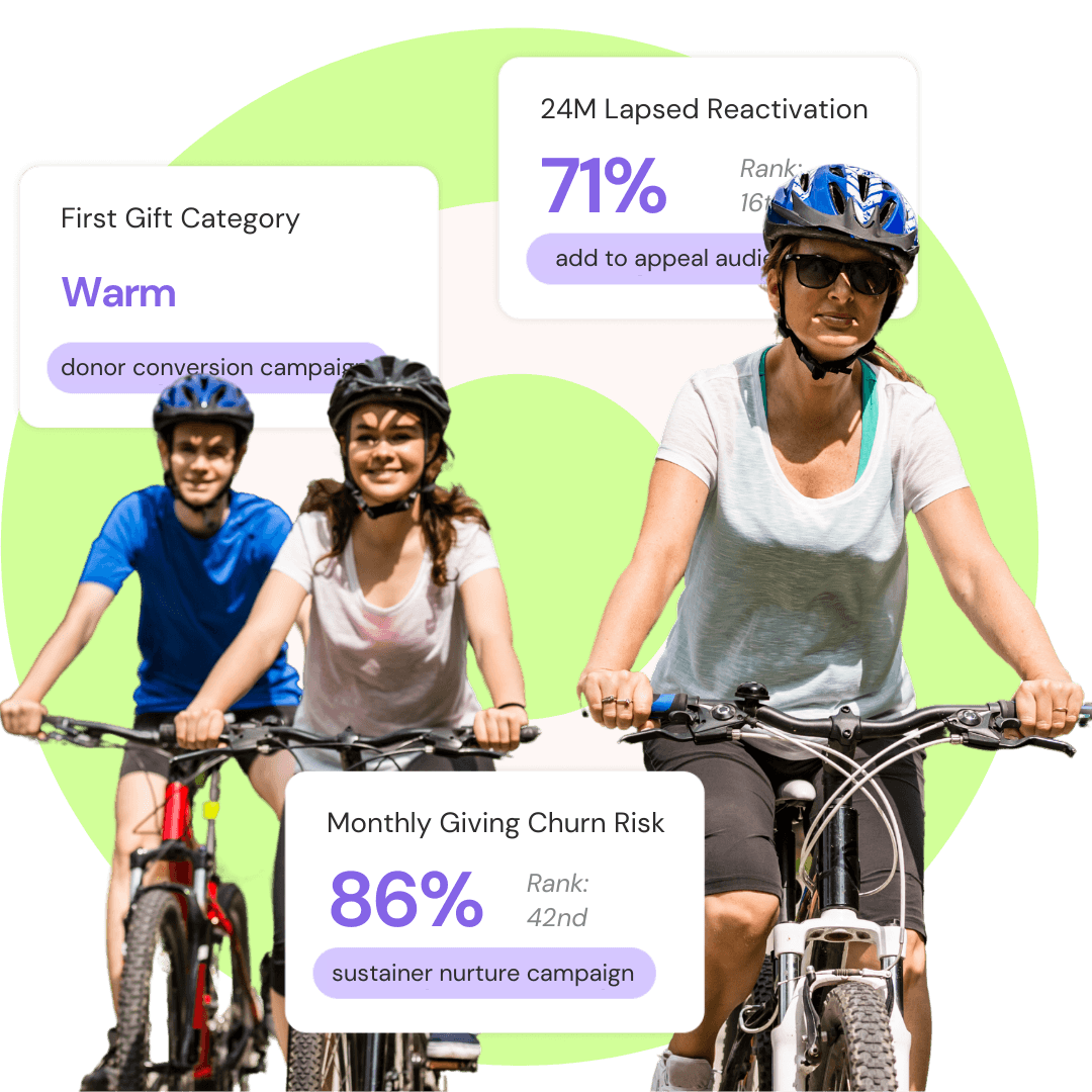Group of people on bicycles, each shown to be part of a different donor journey - first time donor conversion, lapsed reactivation, and monthly giving nurture.
