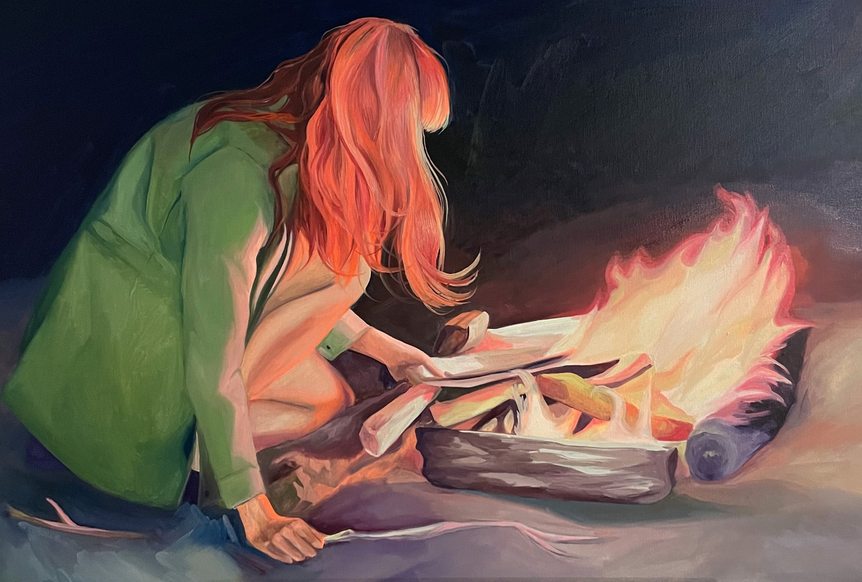 painting of a woman looking at a bonfire, by Erica Beyea