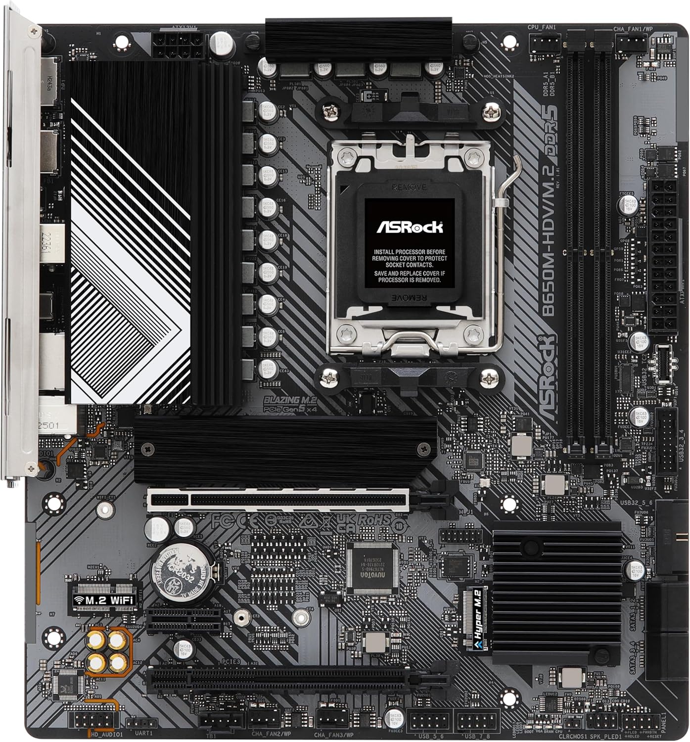 This is an image of the ASRock B650M-HDV/M.2 motherboard, a micro-ATX board designed for AMD Ryzen systems with M.2 storage support and essential connectivity features.