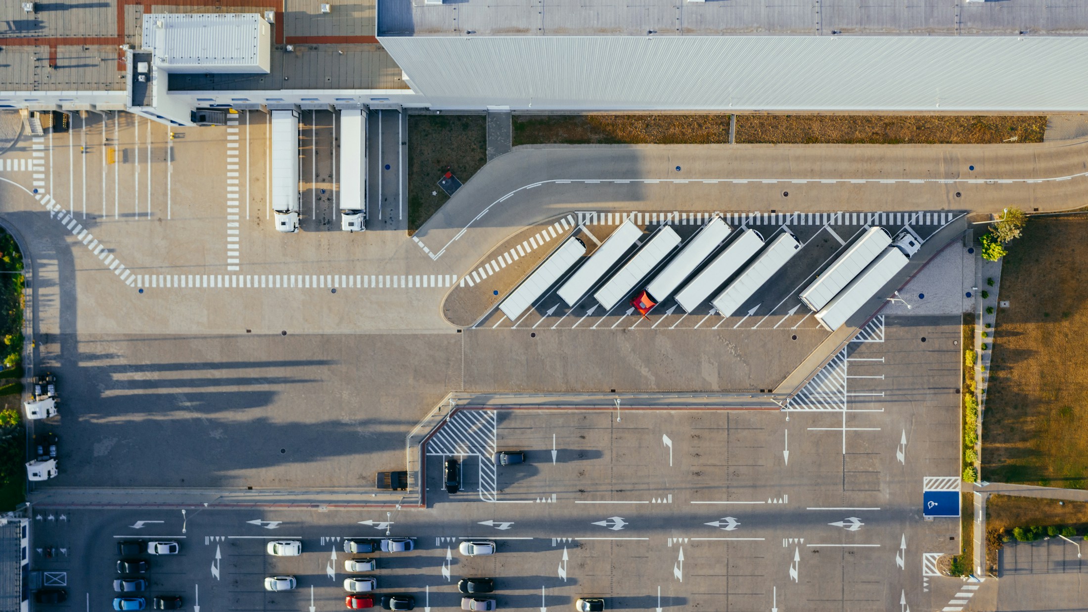 A distribution warehouse and its loading bays from the air