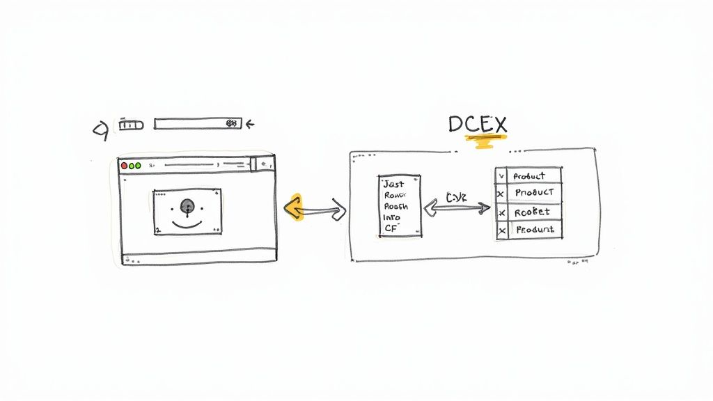 Diagram of a browser interface connecting to a DCEX data system, displaying product validation and information.