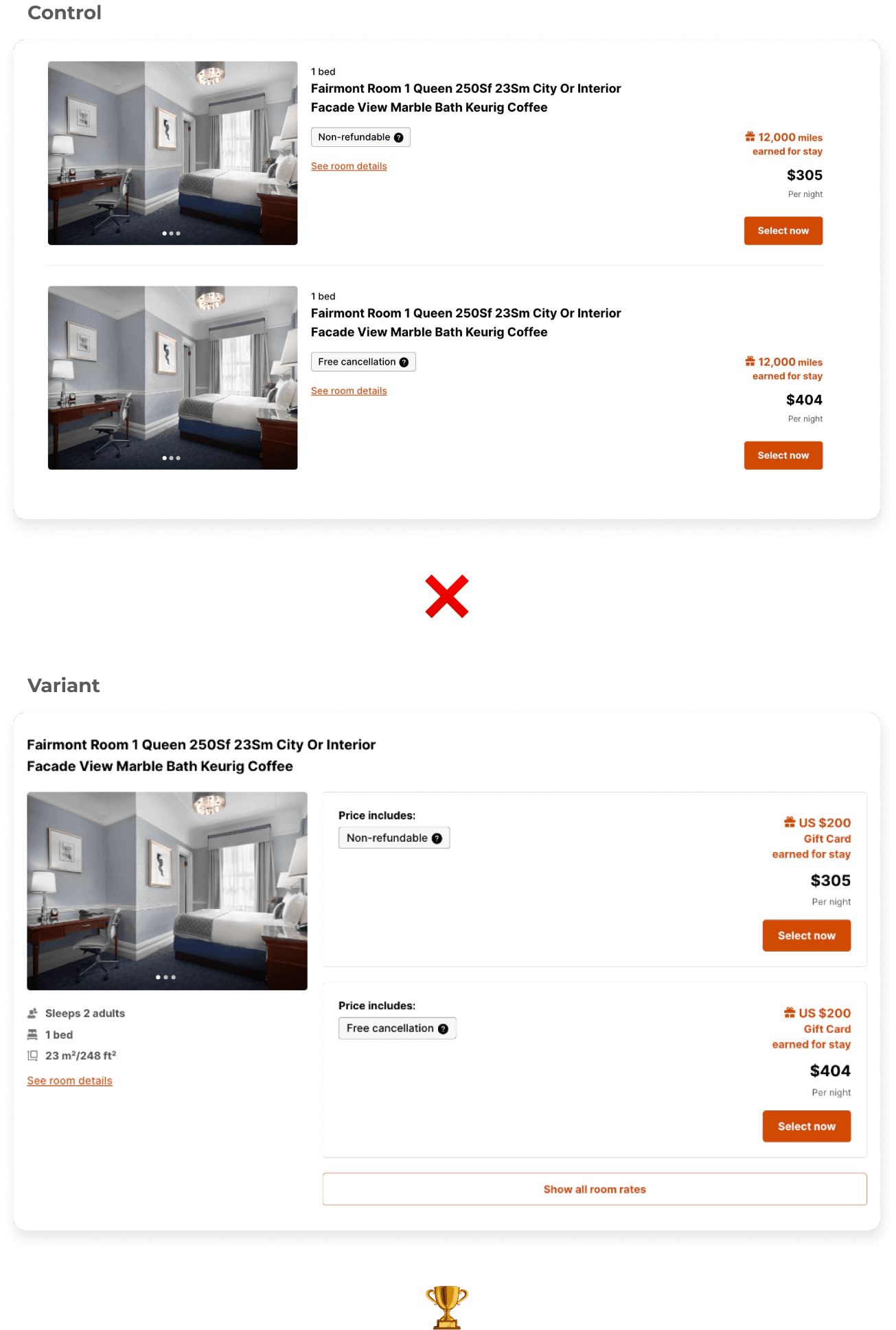 An image with a side by side comparison showing the results of the A/B test, witht he new variant being the winner.