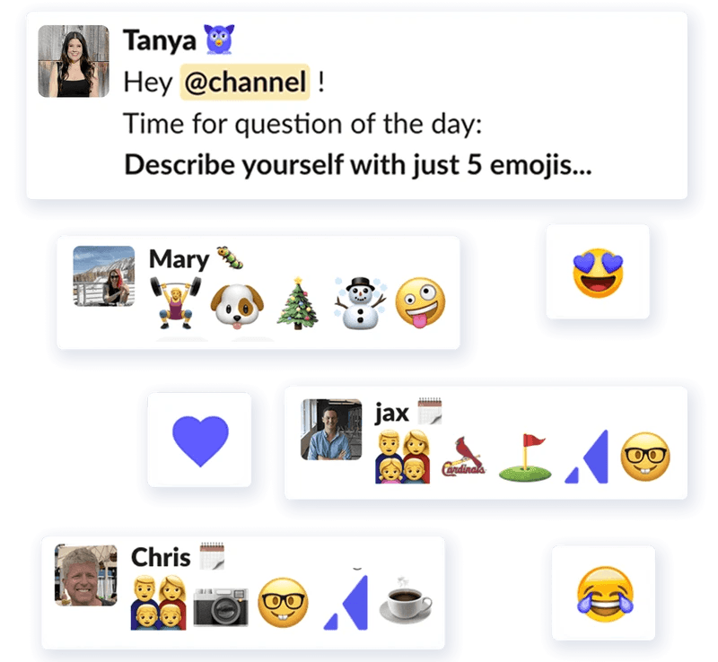 A chat screenshot with emojis, asking users to describe themselves in five symbols.
