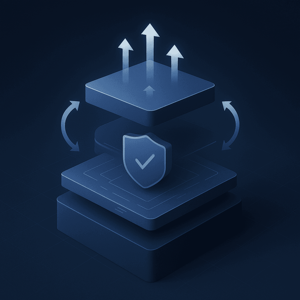 Layered stack illustration showing data foundation, metrics, compliance, and orchestration layers for an AEO platform.