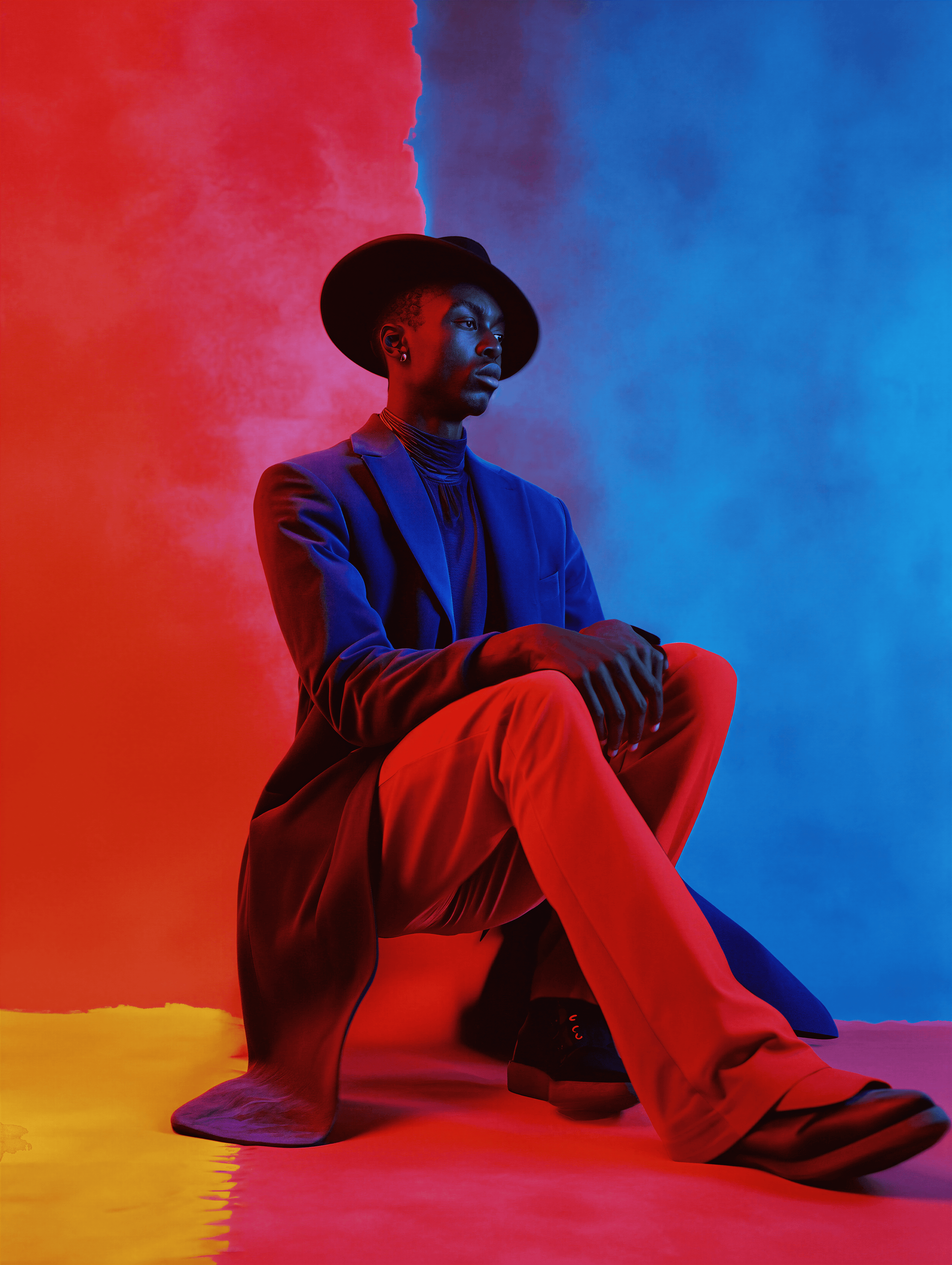 Bold editorial fashion portrait of model in houndstooth blazer with red tie and green shirt against bright turquoise background - Serif Creative Studio luxury fashion photography