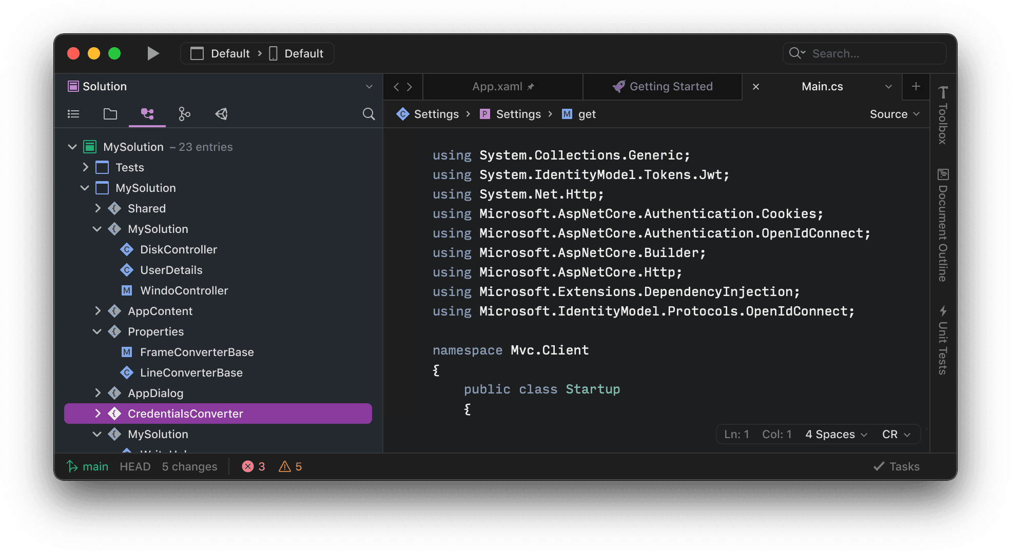 A screenshot showing Visual Studio for Mac 17 in the dark theme