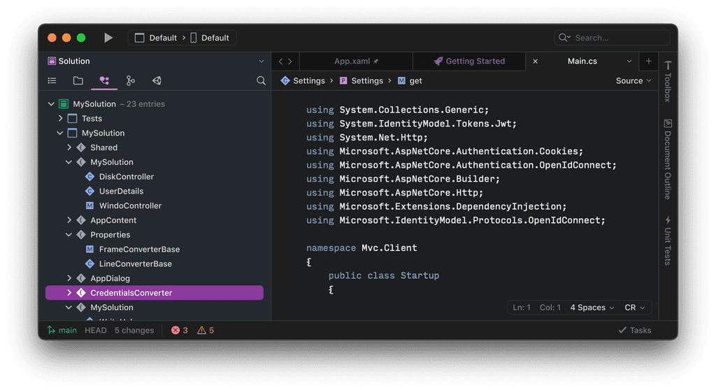 A screenshot showing Visual Studio for Mac 17 in the dark theme