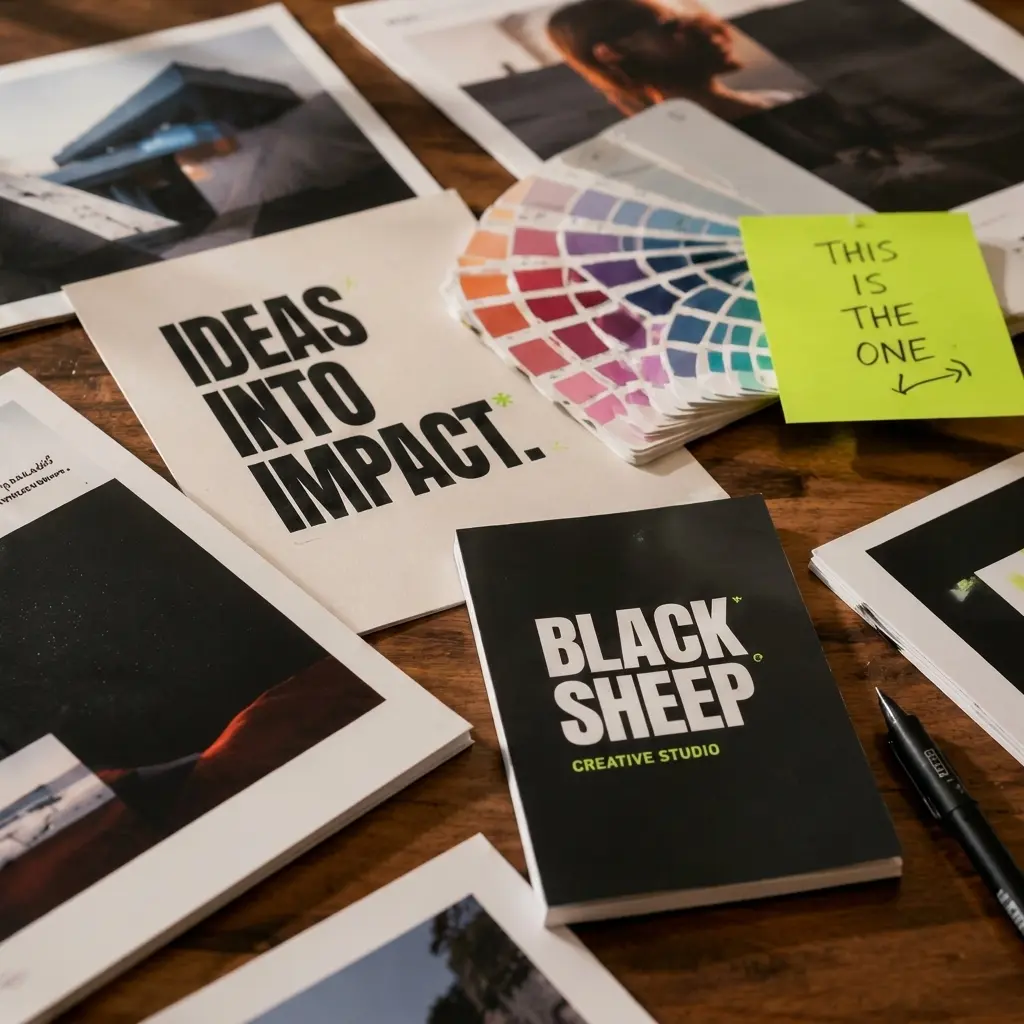 Editorial brand materials and creative assets demonstrating how ideas evolve into recognizable visual systems.