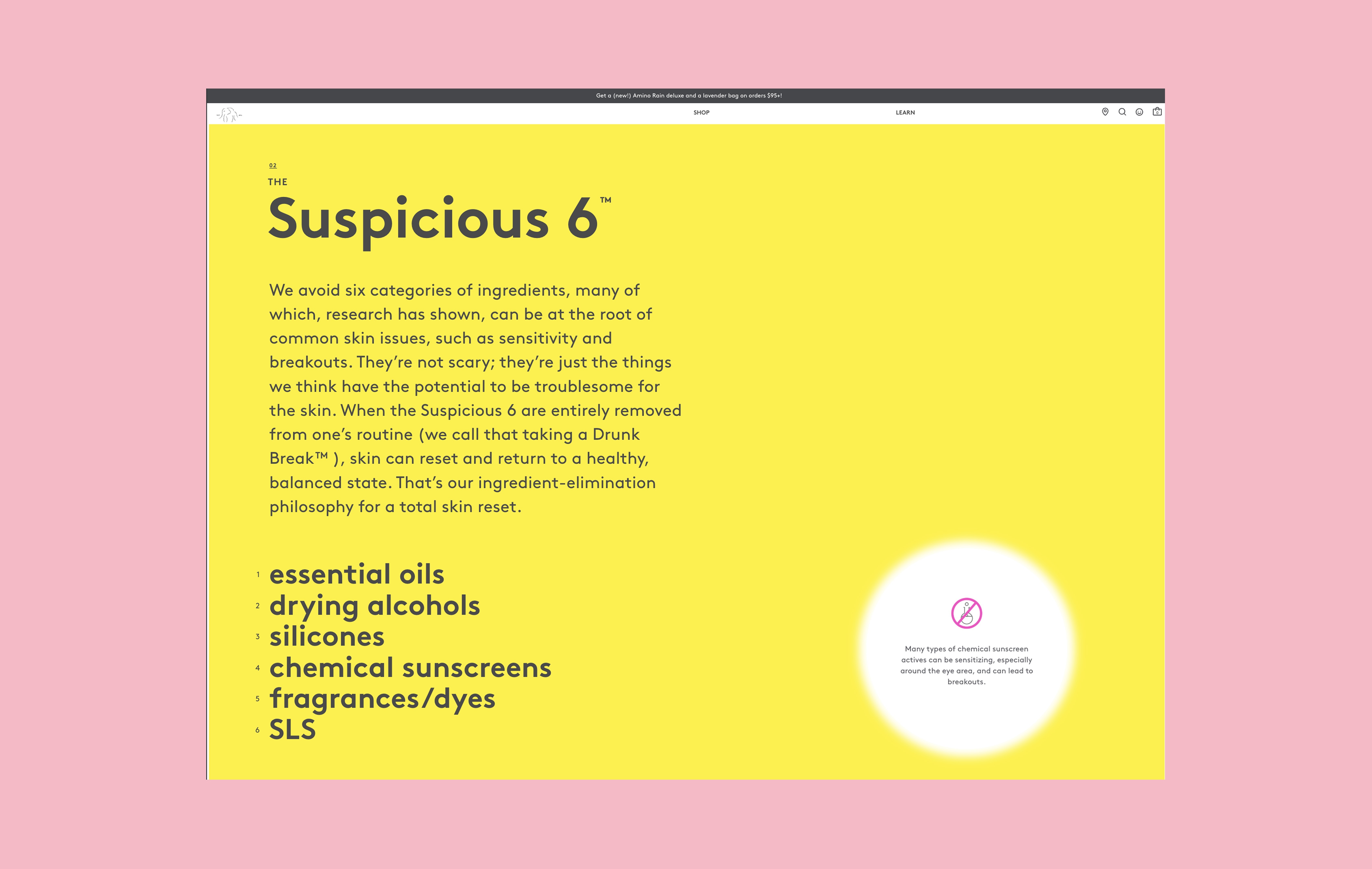 Drunk Elephant highlights Suspicious 6 ingredients to avoid with bold design and clear copy