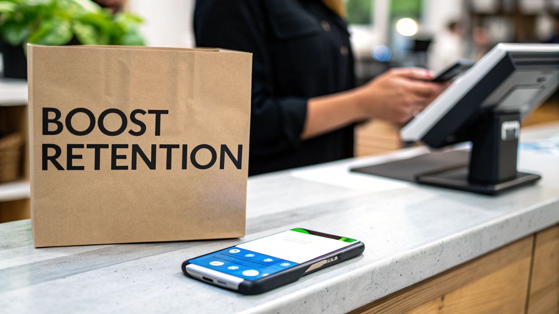 A paper bag reading 'BOOST RETENTION' on a counter with a smartphone and a cashier using a POS system.