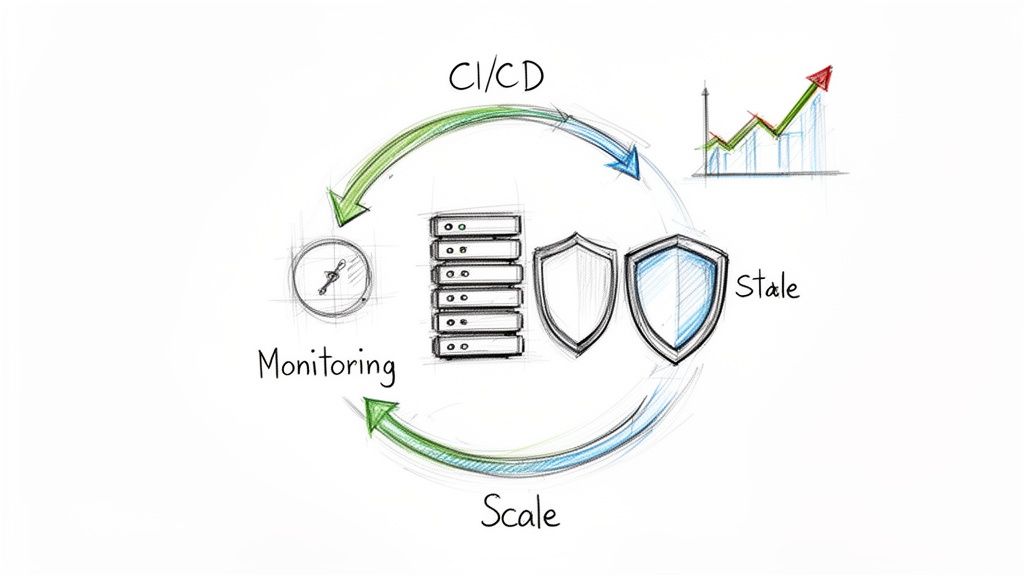 A hand-drawn diagram illustrating the CI/CD, monitoring, and scaling lifecycle with servers and security, leading to growth.