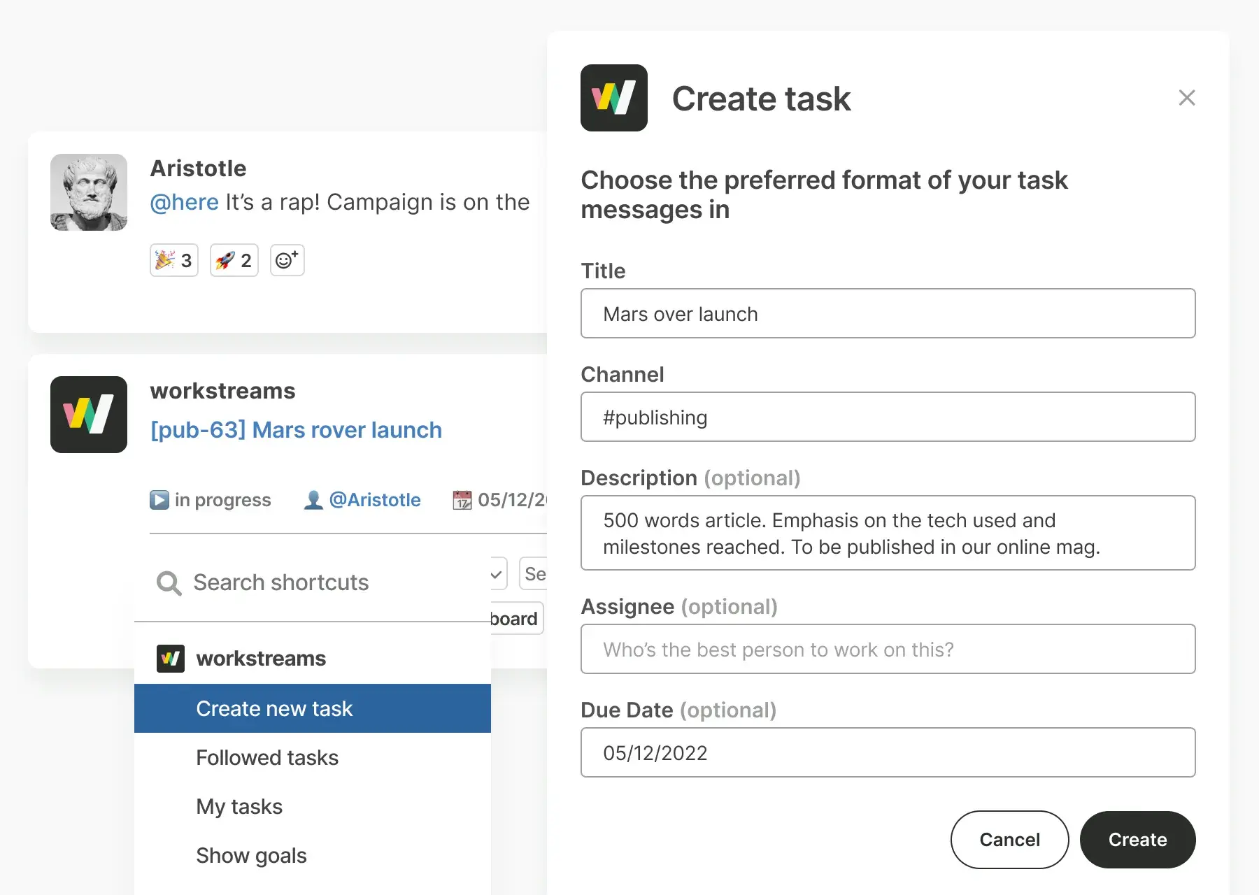 Example of Slack Taskbot for Teams