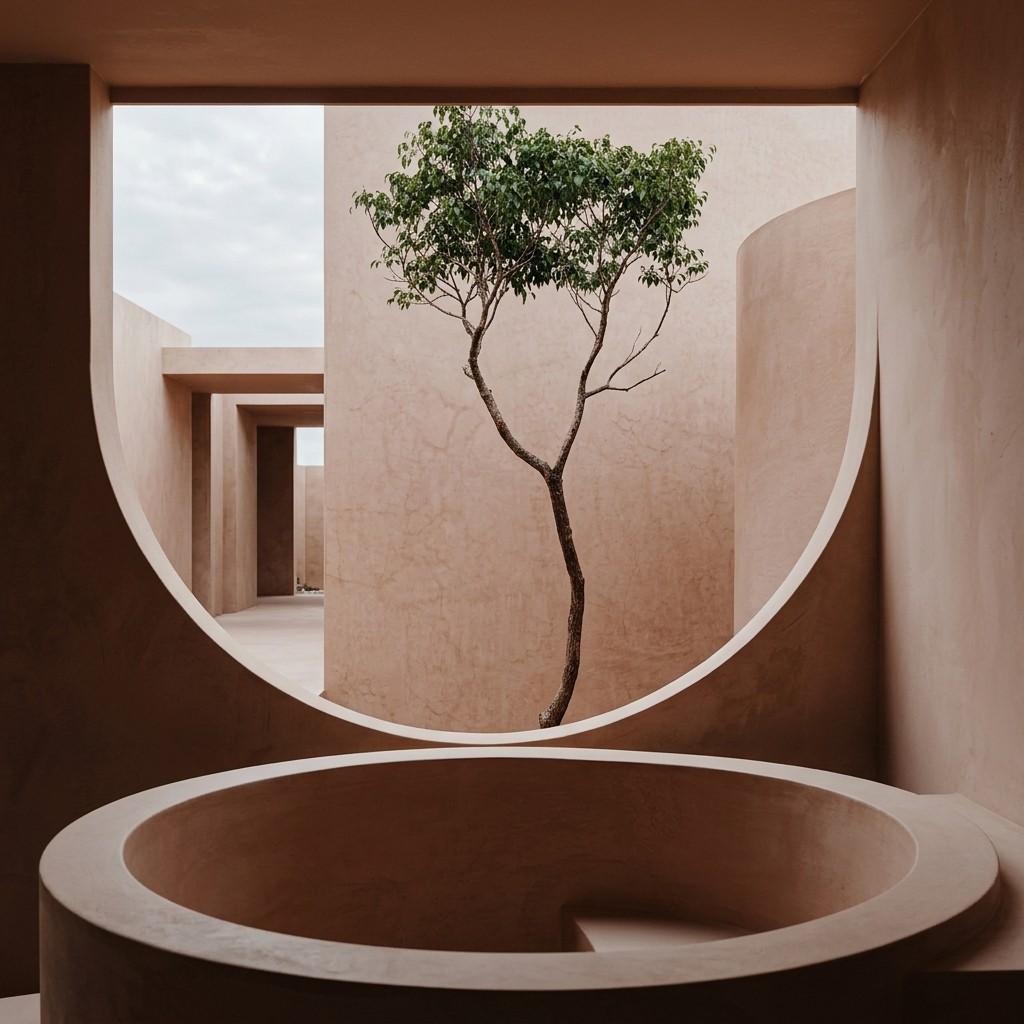 Minimalist sculptural courtyard with curved peach concrete walls, a circular tub, and a single tree.