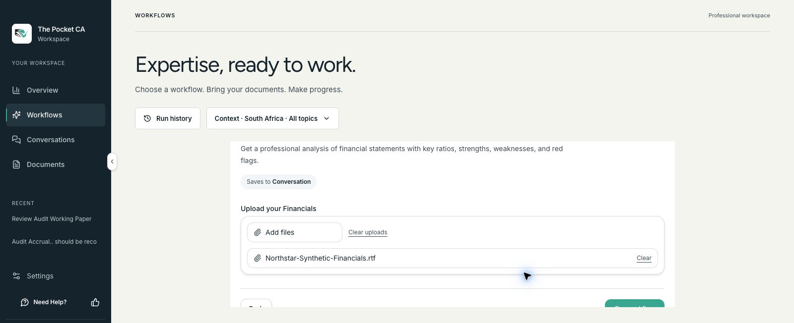 Live Analyse Financials workflow with fictional comparative financial statements attached as input