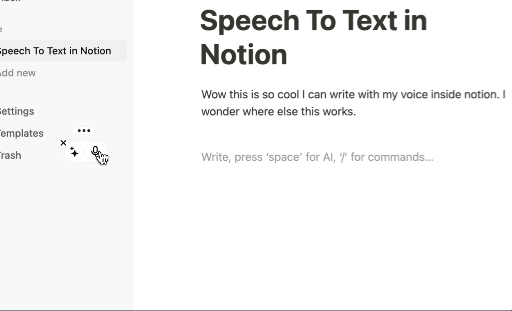 Notionのページのスクリーンショットに、Voicyの音声を文字起こしする要素が表示されている様子