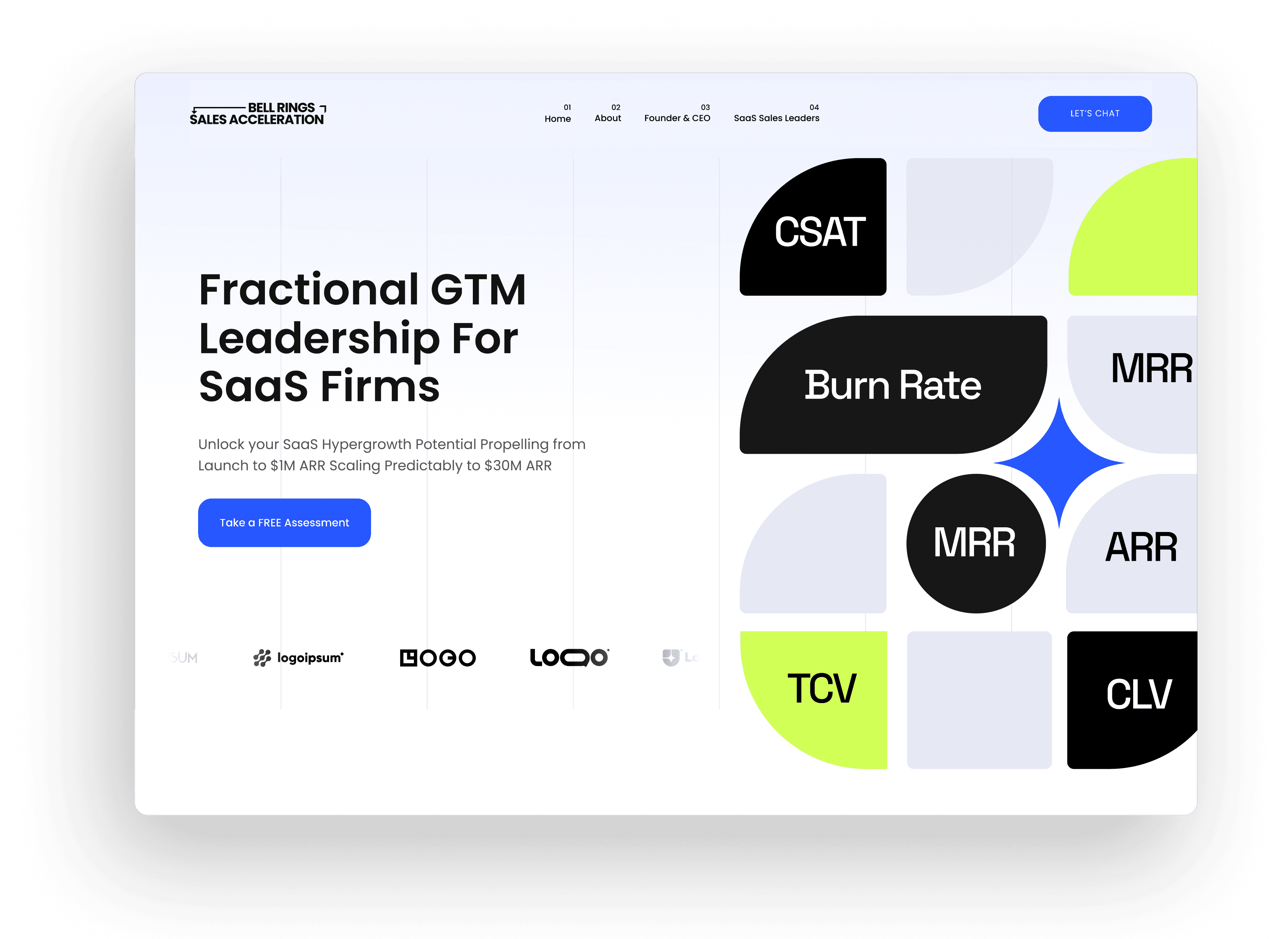 "Homepage design of Bell Rings Sales Acceleration, a SaaS growth consultancy. The page features bold typography with the headline 'Fractional GTM Leadership for SaaS Firms,' a call-to-action button for a free assessment, and graphical elements highlighting key SaaS metrics like CSAT, Burn Rate, MRR, ARR, TCV, and CLV. The navigation menu includes Home, About, Founder & CEO, and SaaS Sales Leaders, with a 'Let's Chat' button in the top right corner.""Homepage design of Bell Rings Sales Acceleration, a SaaS growth consultancy. The page features bold typography with the headline 'Fractional GTM Leadership for SaaS Firms,' a call-to-action button for a free assessment, and graphical elements highlighting key SaaS metrics like CSAT, Burn Rate, MRR, ARR, TCV, and CLV. The navigation menu includes Home, About, Founder & CEO, and SaaS Sales Leaders, with a 'Let's Chat' button in the top right corner."