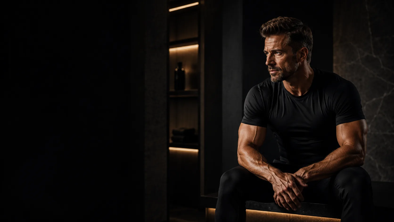 Muscular man standing in black and gold room