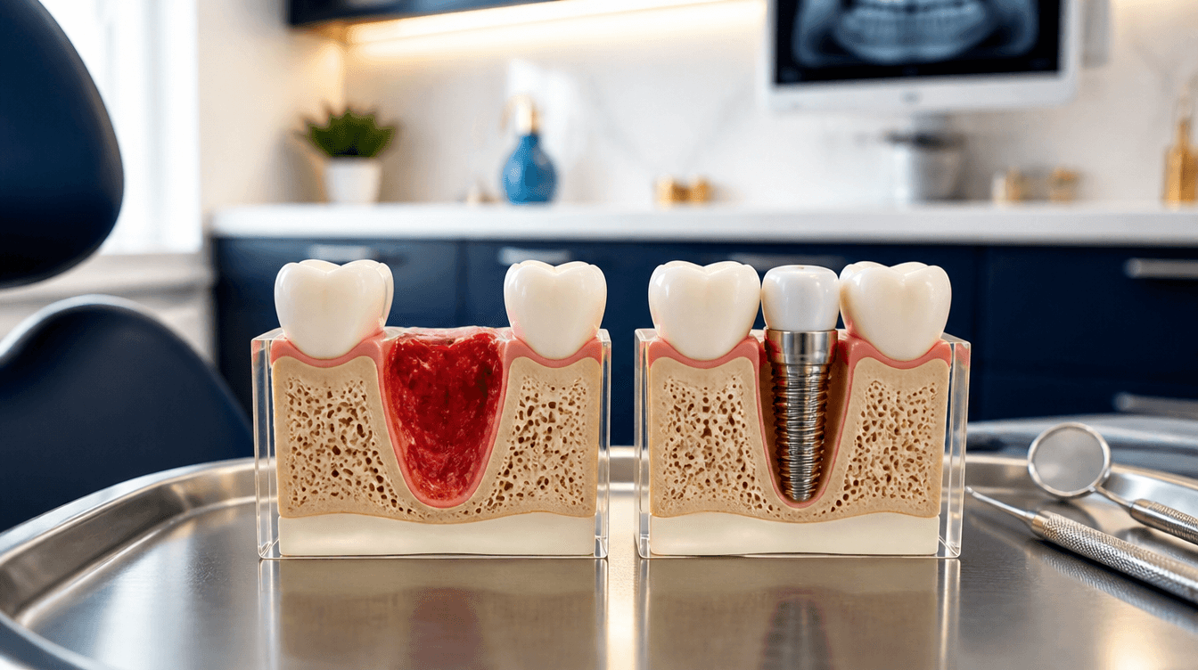 Tooth extraction socket healing model next to an implant healing model on a clinical tray at a Smyrna dental practice
