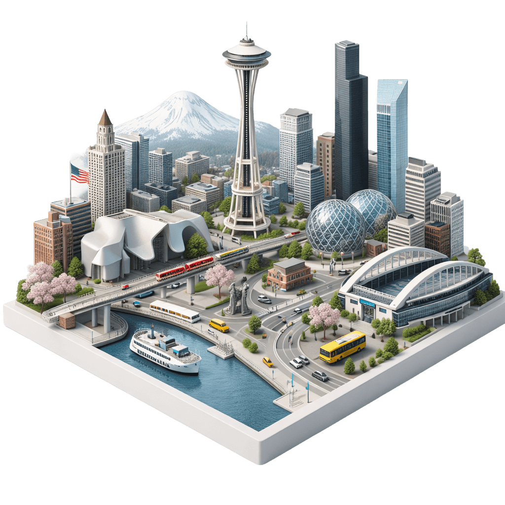 Isometric 3D miniature model of Seattle on a square white base featuring the Space Needle, Amazon Spheres, Museum of Pop Culture, Columbia Center, waterfront ferry, light rail train, modern stadium, downtown skyline, and Mount Rainier in a clean architectural exhibition style.