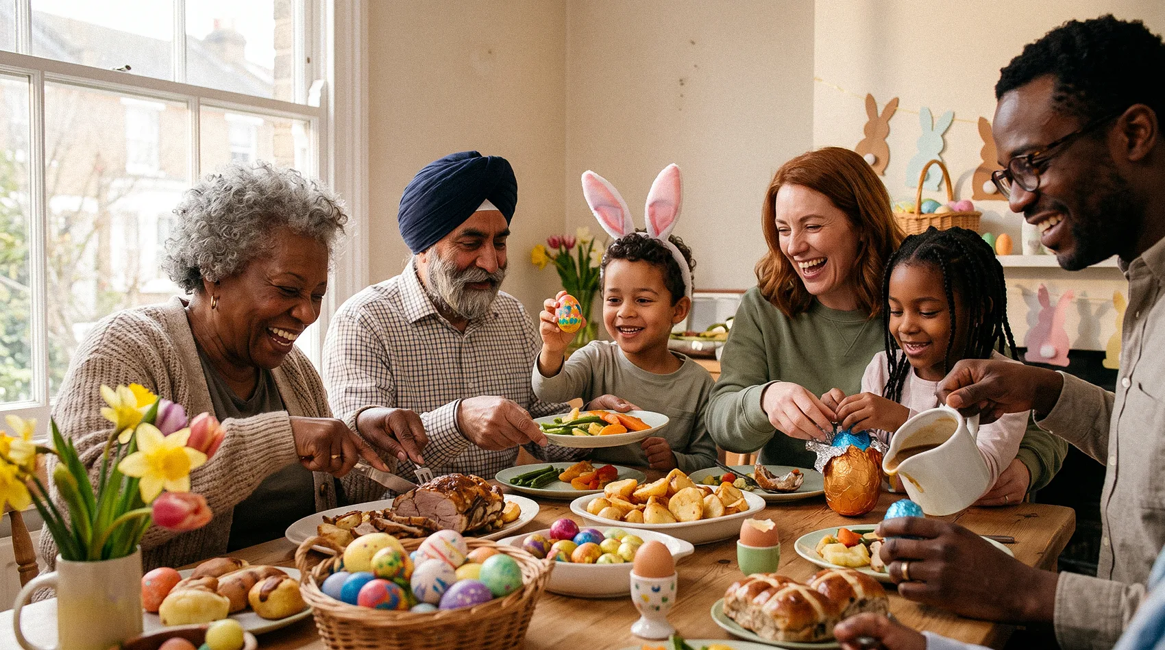 Multigenerational family enjoys Easter lunch at home with roast, decorated eggs, hot cross buns, and bunny ears.