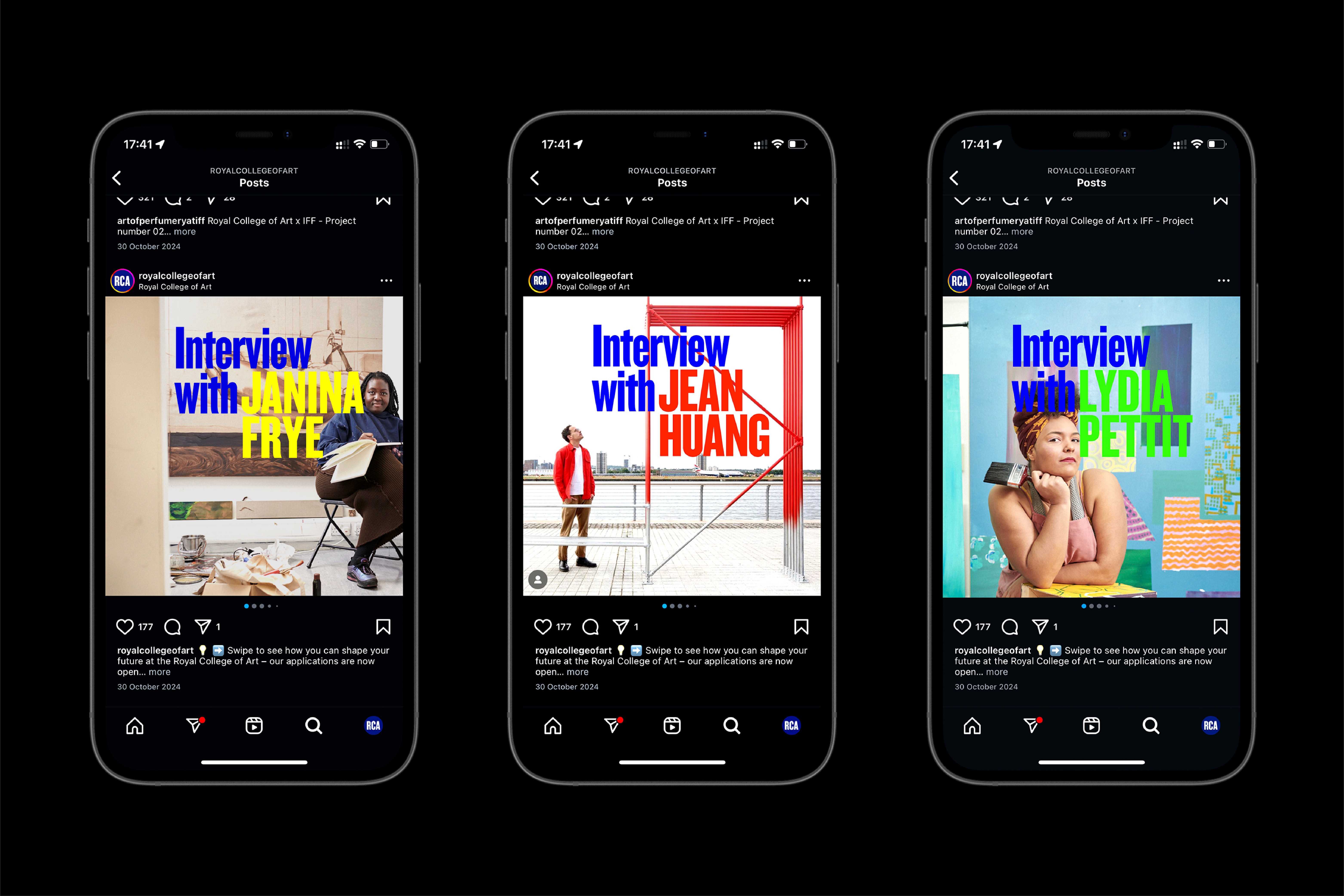 Three smartphones displaying colorful screens with various app interfaces, set against a dark background.