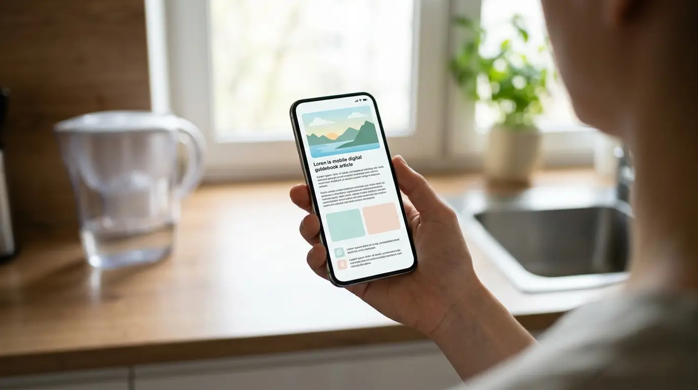 A guest holding a phone showing a digital guidebook article while standing at a kitchen counter next to a water filter.