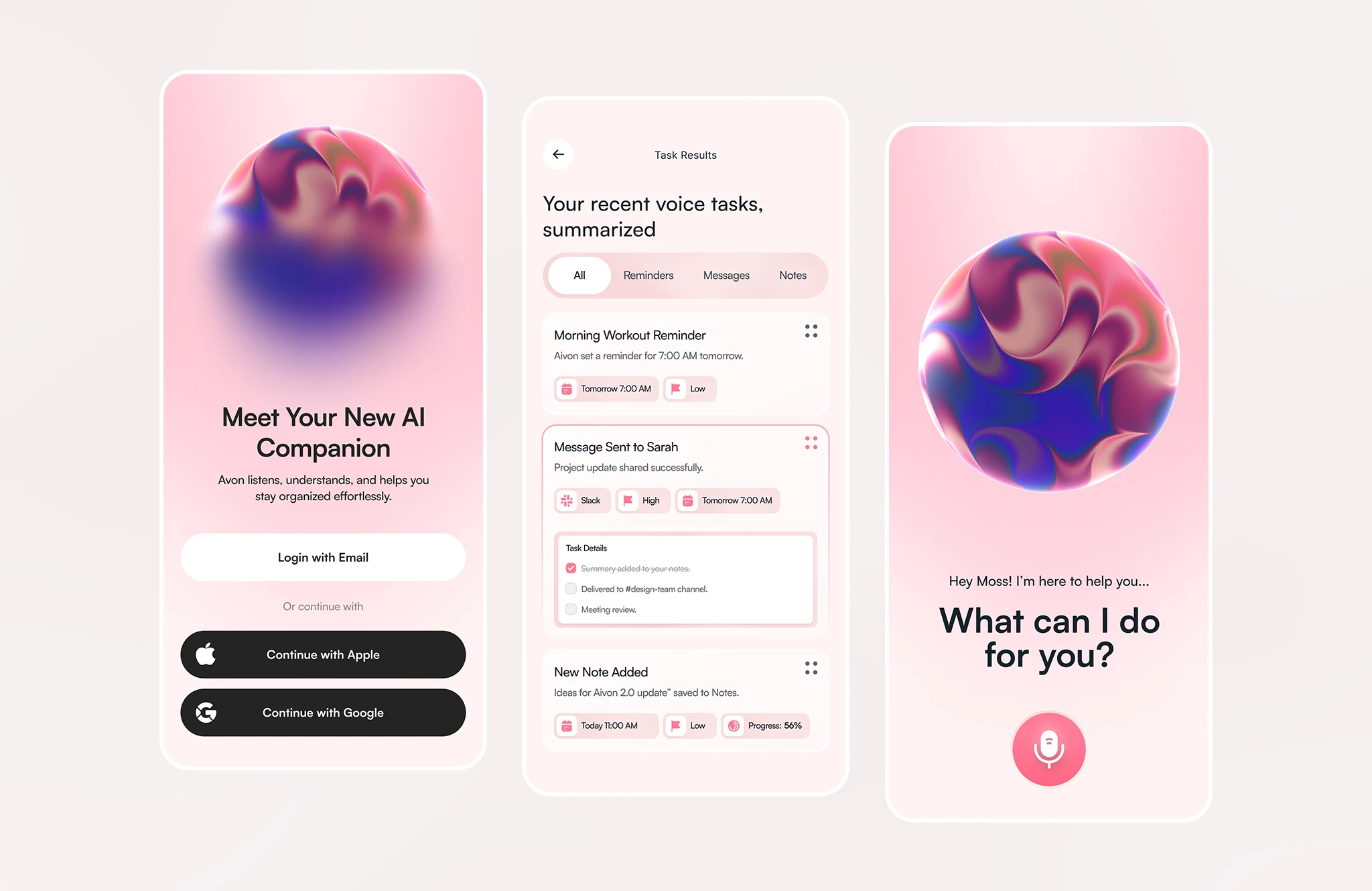 AI voice assistant mobile app UI showing login screen, voice task summaries, and conversational assistant interface