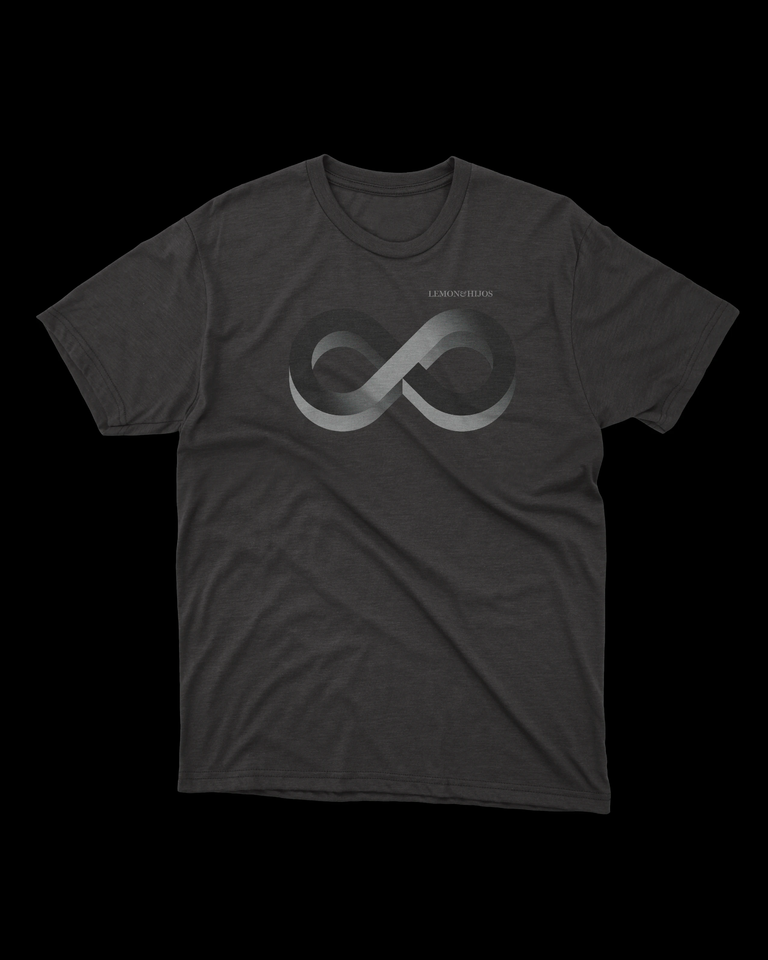 Black t-shirt with the Lemon & Hijos infinity symbol, brand and illustration design by Sebastian Saavedra
