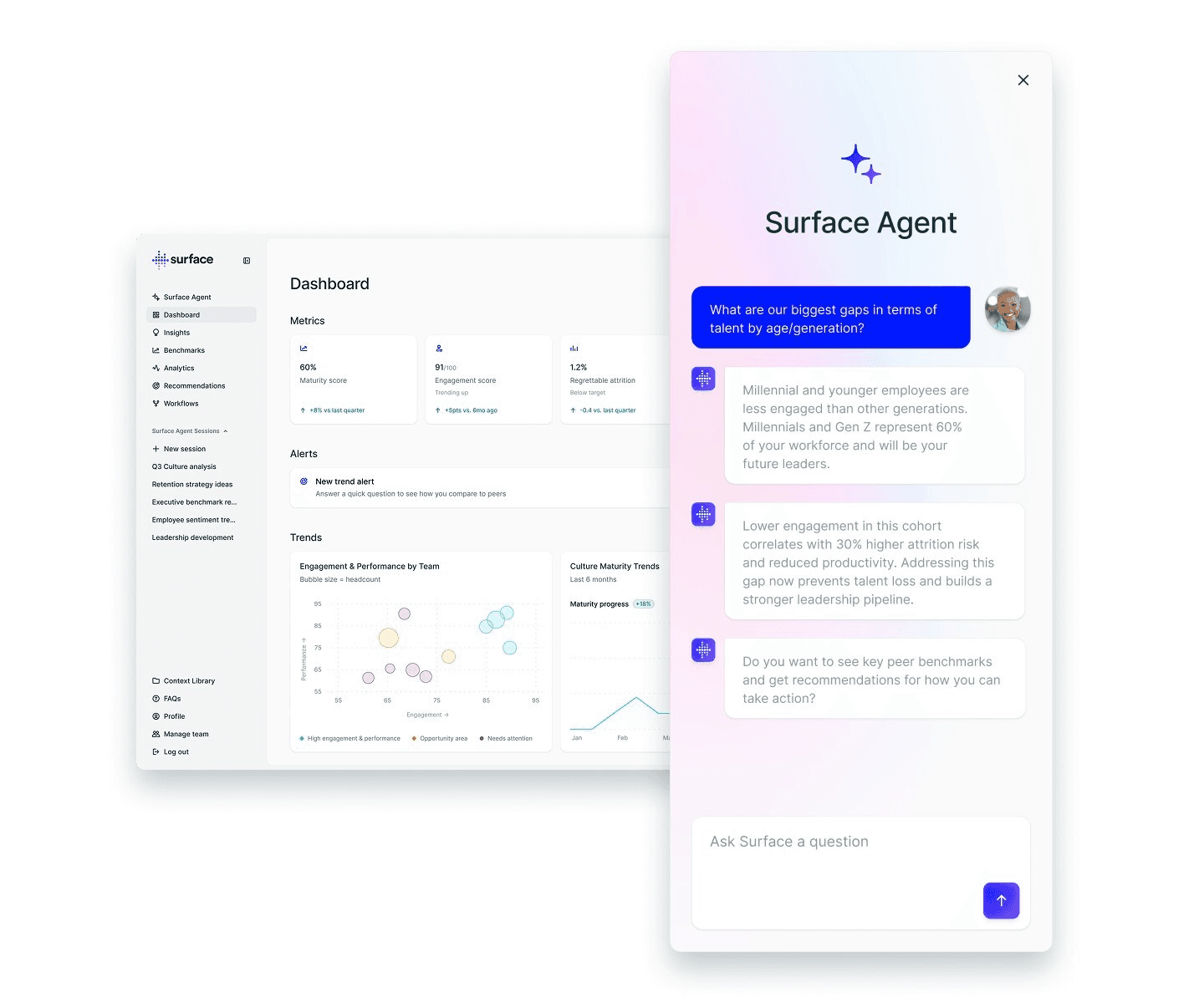 Surface Agent is the first agentic AI built specifically for talent and culture leaders.