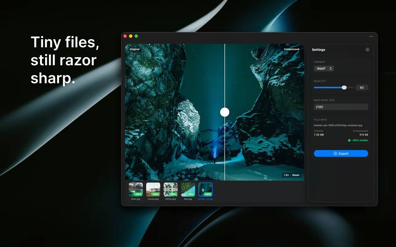 WebP Image Squeezer for macOS with a before and after slider